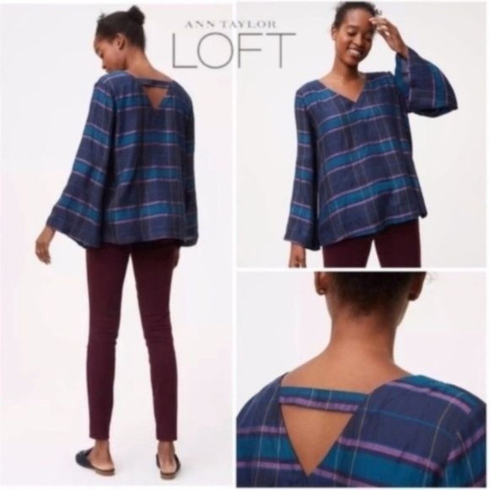 Loft Plaid Blouse Bell Sleeve CottageCore